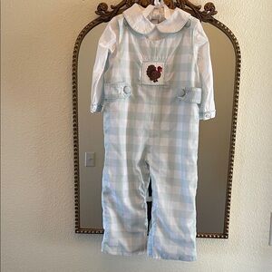 Charming Blue and White Checkered Boys Longall with Turkey Embroidery
